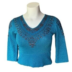 CHRISTINE Phillipe Metalic Blue Sweater Cut out shoulders